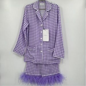 Sleeper Lavender Vichy Pajama Party Set Ostrich Feather Pant Button Up Shirt L